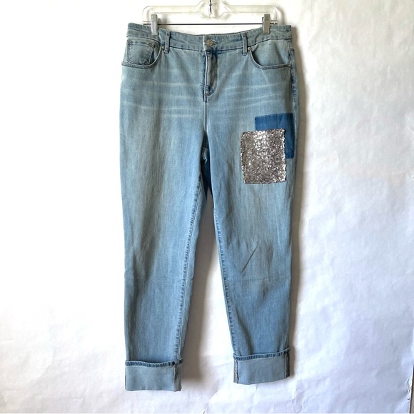 Chico’s So Slimming Girlfriend Ankle Blue Jeans Sequin Patch Cuffed Size 10 - Picture 2 of 13